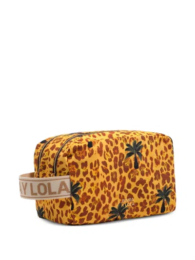 Bimba Y Lola Large Leopard-print Palm-motif Make-up Bag In Yellow
