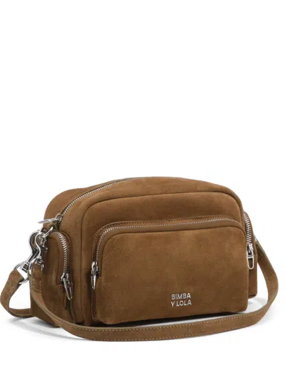 Bimba Y Lola Large Olive Suede Pocket Crossbody Bag In Brown