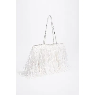 Bimba Y Lola Large Fringed Woven Shoulder Bag In White
