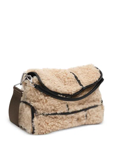 Bimba Y Lola Large Sand Fur Flap Pocket Bag In Neutral