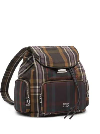 Bimba Y Lola Large Superwax Chocolate And Green Tartan Pocket Backpack In Brown