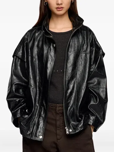Bimba Y Lola Leather Zip-up Jacket In Black