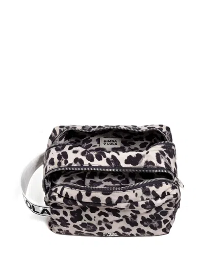 Bimba Y Lola Leopard-print Double-zip Make-up Bag In Gray