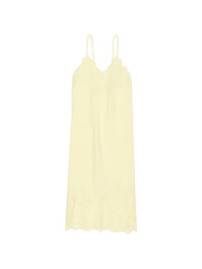 Bimba Y Lola Light Yellow Washed Linen Lace V-neck Dress