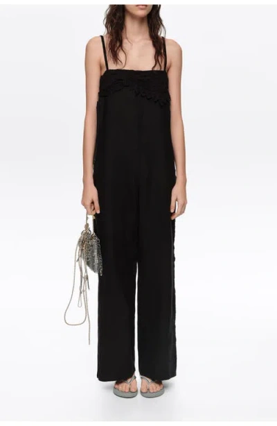 Bimba Y Lola Linen Crochet Neckline Jumpsuit In Multi