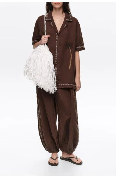 Bimba Y Lola Linen Palm Tree Embroidered Shirt In Burgundy