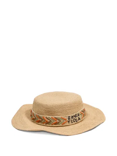 Bimba Y Lola Raffia Boater With Embroidered Band In Gold
