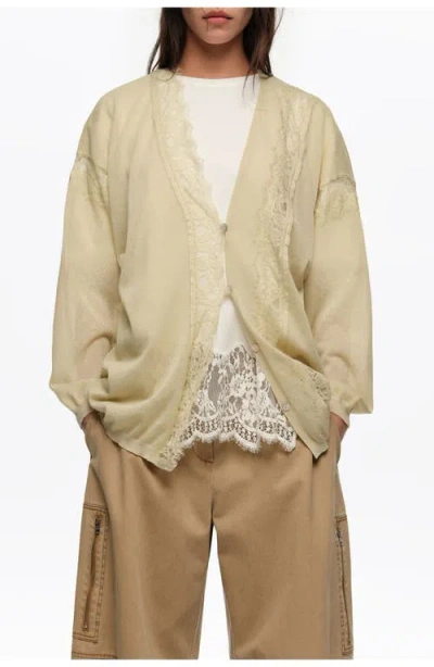 Bimba Y Lola Long Cotton And Linen Cardigan With Lace Trim In Neutral