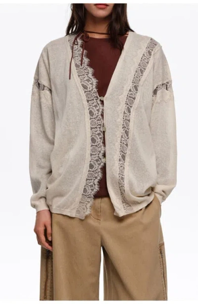 Bimba Y Lola Long Cotton And Linen Cardigan With Lace Trim In Neutral