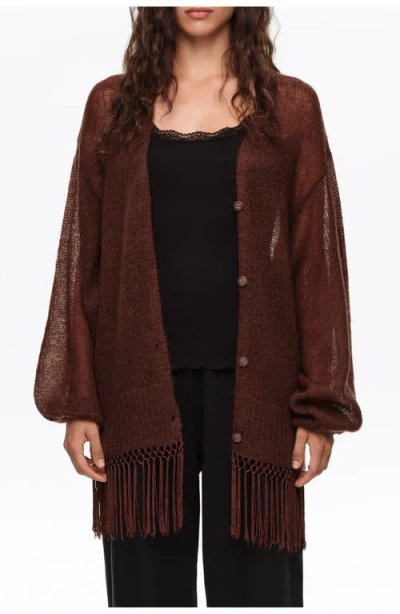 Bimba Y Lola Long Fringed Cardigan In Brown