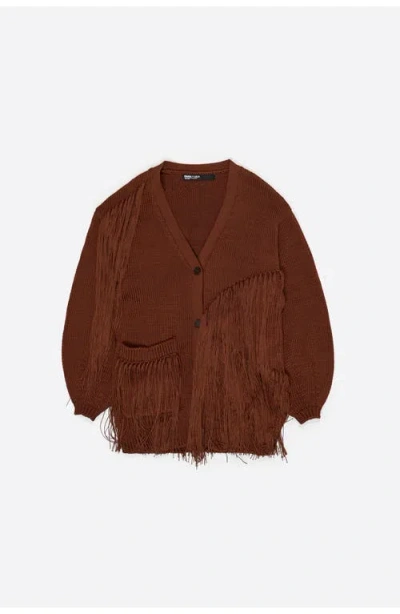 Bimba Y Lola Long Fringed Knit Cardigan In Brown