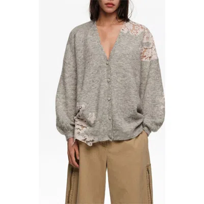 Bimba Y Lola Long Lace Knit Cardigan In Gray