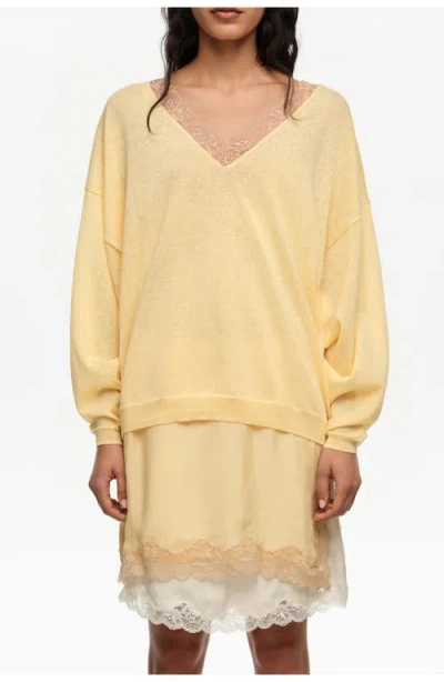 Bimba Y Lola Long Linen Cotton Lace Sweater In Yellow