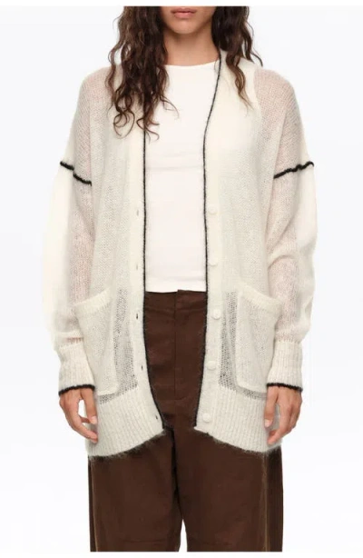 Bimba Y Lola Long Mohair Cardigan With Contrast Trim In Ivory