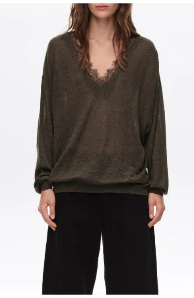 Bimba Y Lola Long Wool Blend Lace Trim Sweater In Chocolate