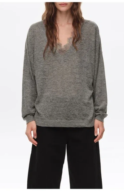 Bimba Y Lola Long Wool Blend Lace Trim Sweater In Dark Grey Melange
