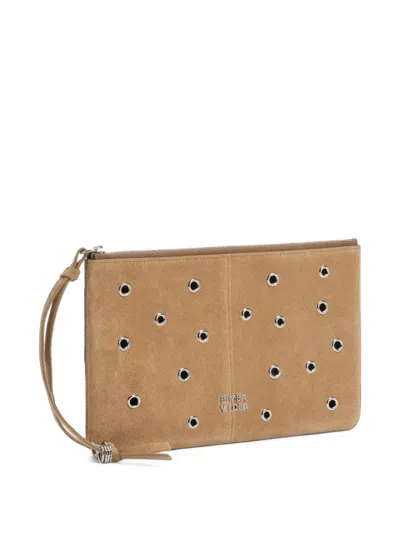 Bimba Y Lola Medium Beige Leather Zip Make-up Clutch In Nude