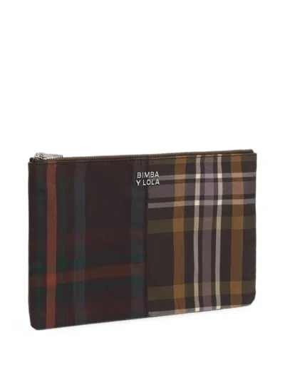 Bimba Y Lola Medium Coated Chocolate Green Tartan Clutch Make-up Case In Multi