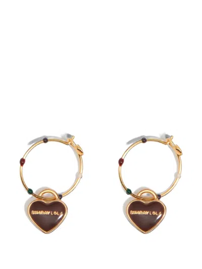 Bimba Y Lola Medium Hoop Earrings With Enamel Heart And Brown Logo