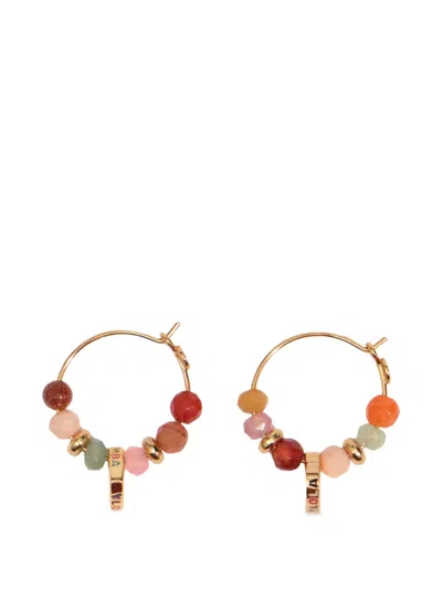 Bimba Y Lola Medium Hoop Earrings With Heart Logo And Brown Stones In Gold