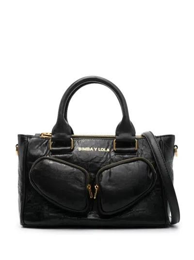 Bimba Y Lola Medium Pocket Leather Tote Bag In Black