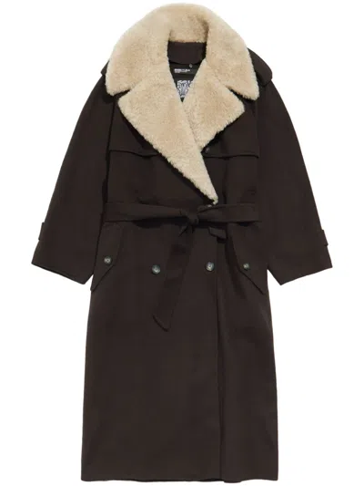 Bimba Y Lola Longline Wool Coat With Detachable Collar In Brown