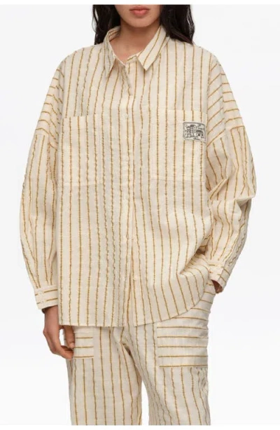 Bimba Y Lola Ocher Striped Textured Cotton Oversize Shirt In Brown