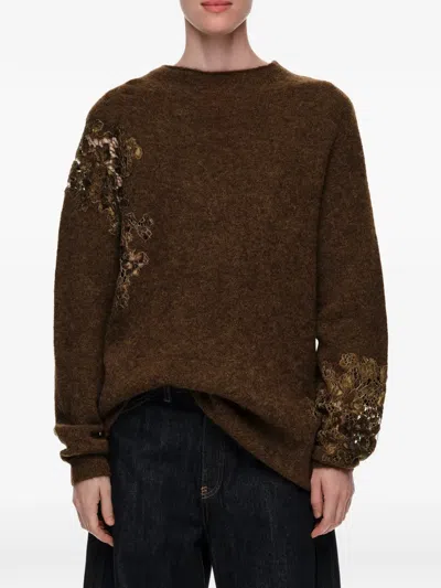 Bimba Y Lola Olive Alpaca High-neck Sweater With Lace Detailing In Brown