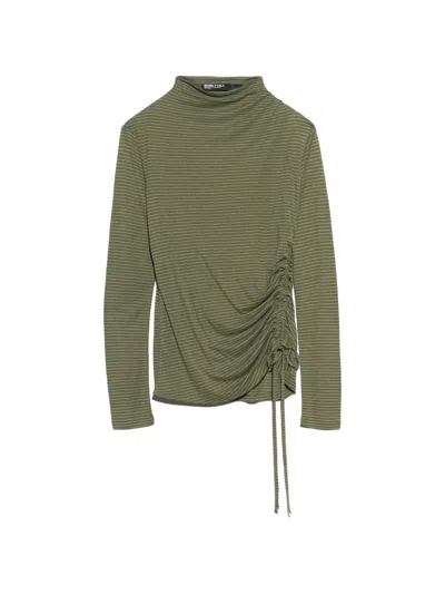 Bimba Y Lola Olive Striped Fluid Ruched T-shirt In Green