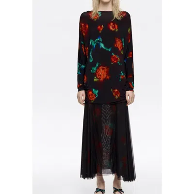 Bimba Y Lola Ribbon Roses Gathered Dress With Tulle Skirt In Black