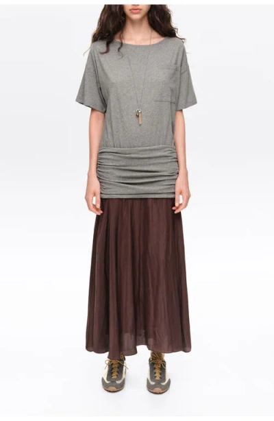 Bimba Y Lola Ruched Two-material Flared Midi Dress In Gray