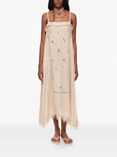 Bimba Y Lola Sand Linen A-line Mini Dress With Embroidery In Neutral
