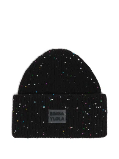 Bimba Y Lola Sequin Logo Beanie In Black
