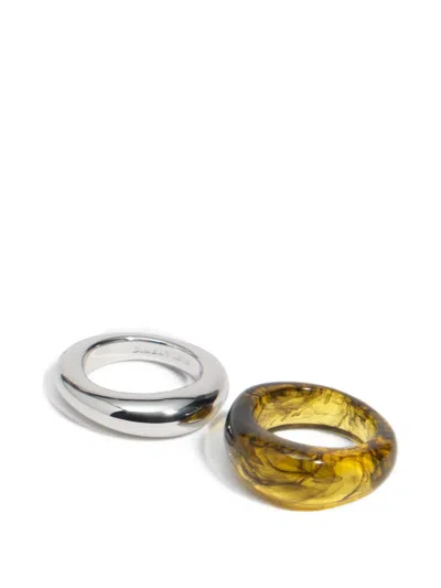 Bimba Y Lola Set Of 2 Olive And Silver Amber-effect Resin Rings In Multi