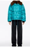 Bimba Y Lola Short Down Jacket With Fur Collar Adjustable Hem In Blue