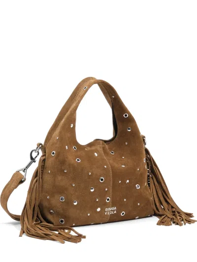 Bimba Y Lola Small Olive Suede Paper Bag With Fringing And Studs In Brown
