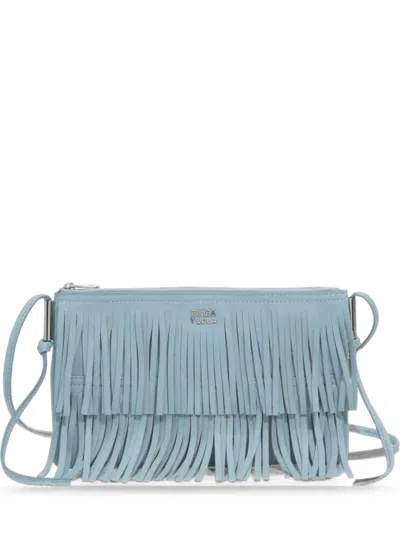 Bimba Y Lola Small Sky-blue Leather Fringed Clutch Bag In Brown