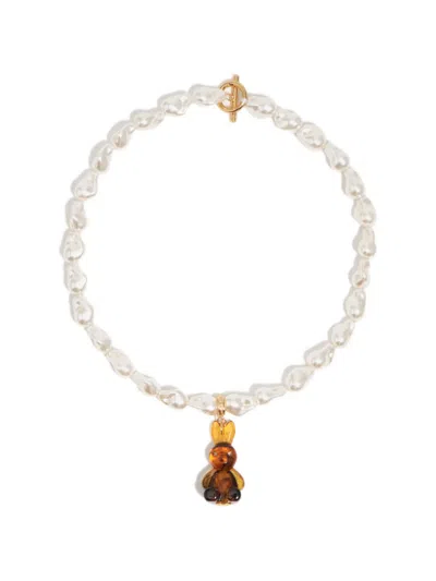 Bimba Y Lola Resin Rabbit And Pearl Necklace In Orange