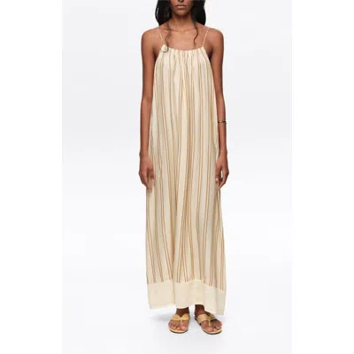 Bimba Y Lola Striped Linen Midi Dress In Neutral