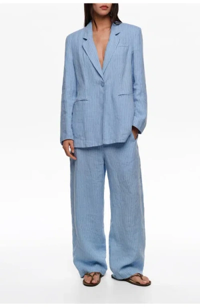 Bimba Y Lola Striped Washed Linen Barrel Trousers In Blue
