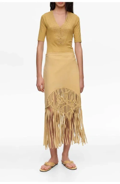 Bimba Y Lola Suede Midi Skirt With Irregular Fringes In Yellow