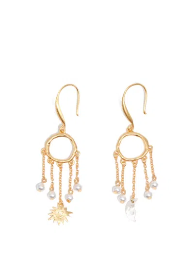 Bimba Y Lola Sun And Moon Earrings With Chains And Pearls In Gold