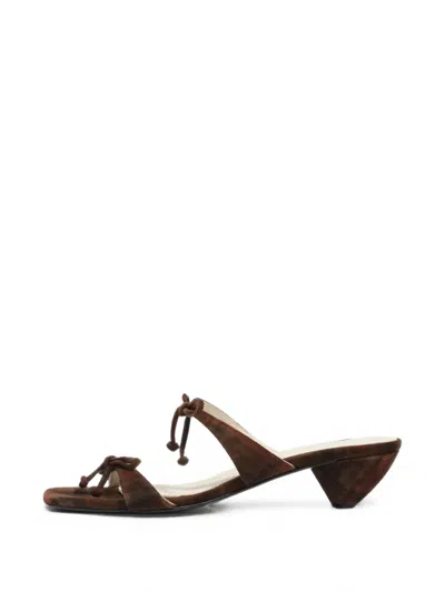 Bimba Y Lola Tartan Print Suede Heeled Sandal With Bows In Brown