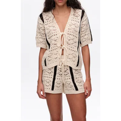 Bimba Y Lola Crochet-knit Striped Short-sleeved Cardigan In Neutral