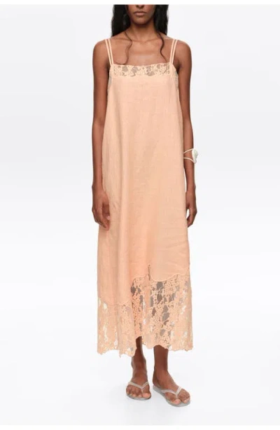 Bimba Y Lola Washed Linen Lace Midi Dress In Neutral