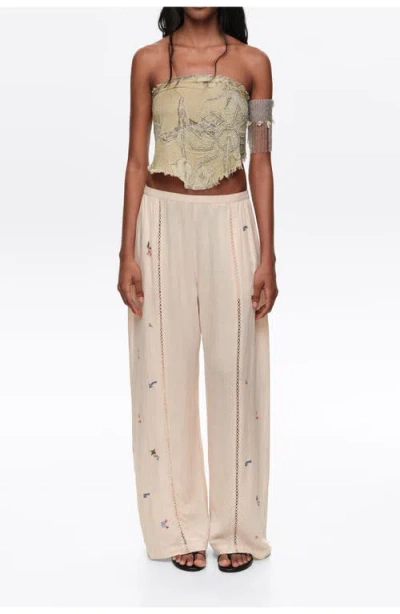 Bimba Y Lola Wide Linen Trousers With Lace And Embroidery In Neutral