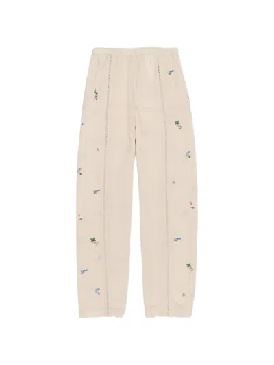 Bimba Y Lola Wide White Linen Trousers With Lace And Mini Embroidery In Multi