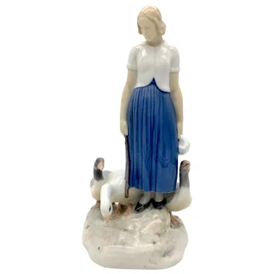 Pre-owned Bing & Grøndahl Antique Porcelain Sculpture Maiden Goose Bing&grøndahl A. Locker Copenhagen In Sand