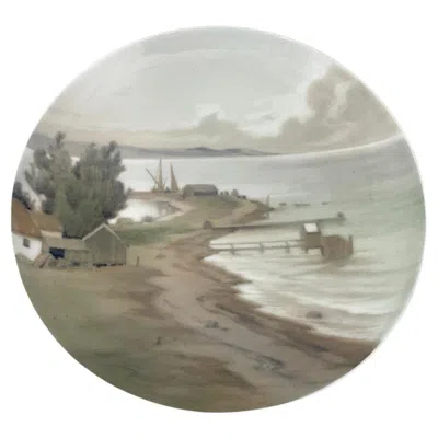 Pre-owned Bing & Grøndahl Land With Seascape Porcelain Wall Plate By , Denmark 1902-1914 In Gray