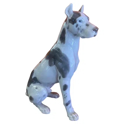 Pre-owned Bing & Grøndahl Large Hand-painted Porcelain Great Dane Sculpture By Bing & Grondahl In Blue